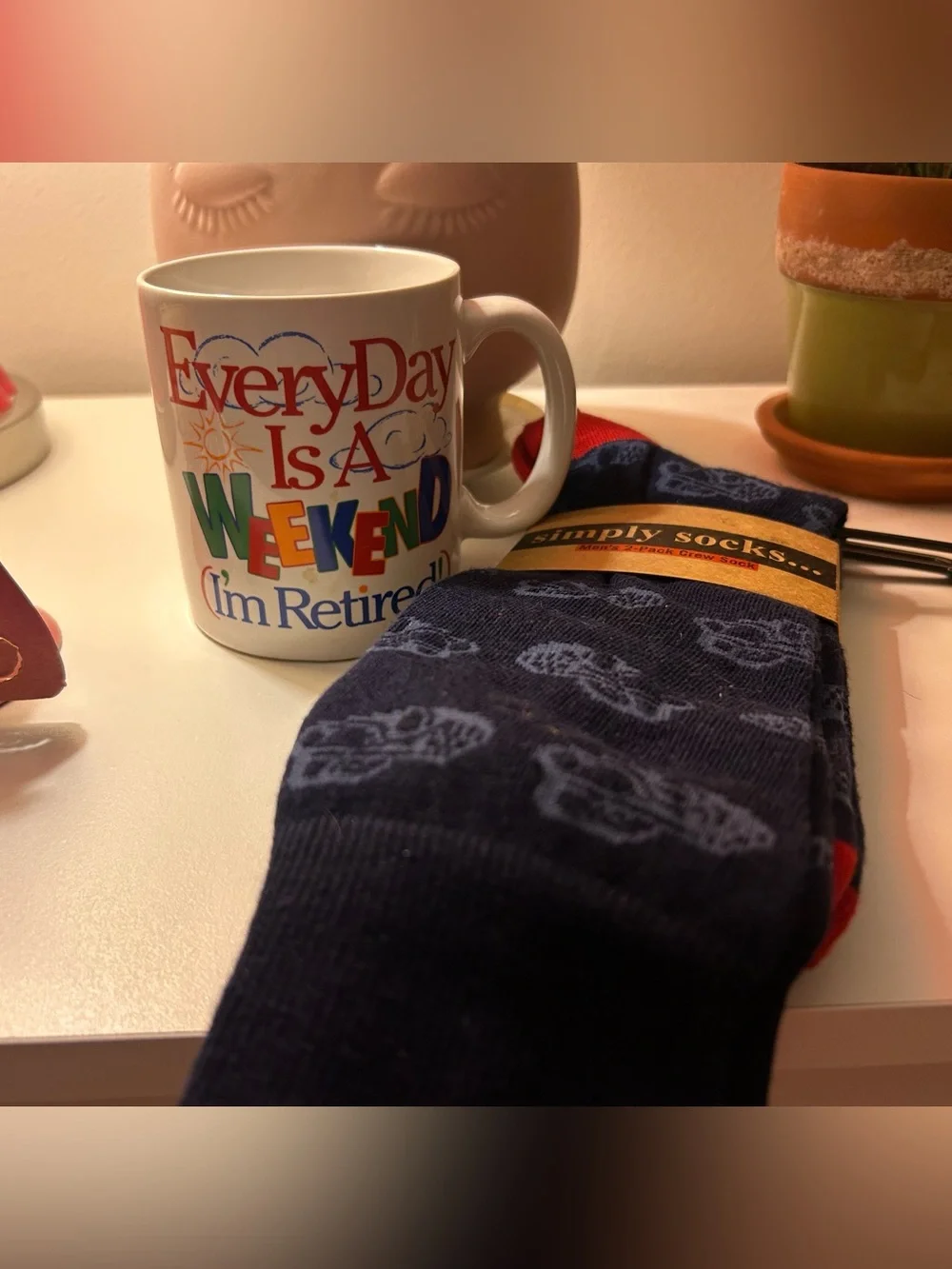Simply Socks Men's Navy Patterned Crew Socks (2) with Coffee Mug - I’m Retired